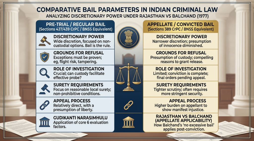 Discretionary Power chart comparing pre-trial and appellate bail parameters under State of Rajasthan vs Balchand