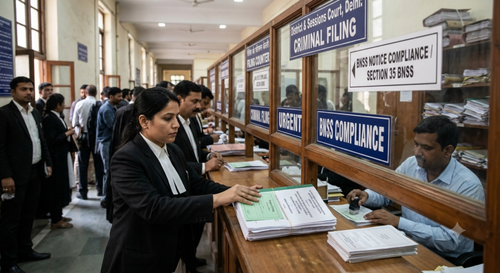 Lawyer filing legal response to cure police notice non-compliance in Delhi court
