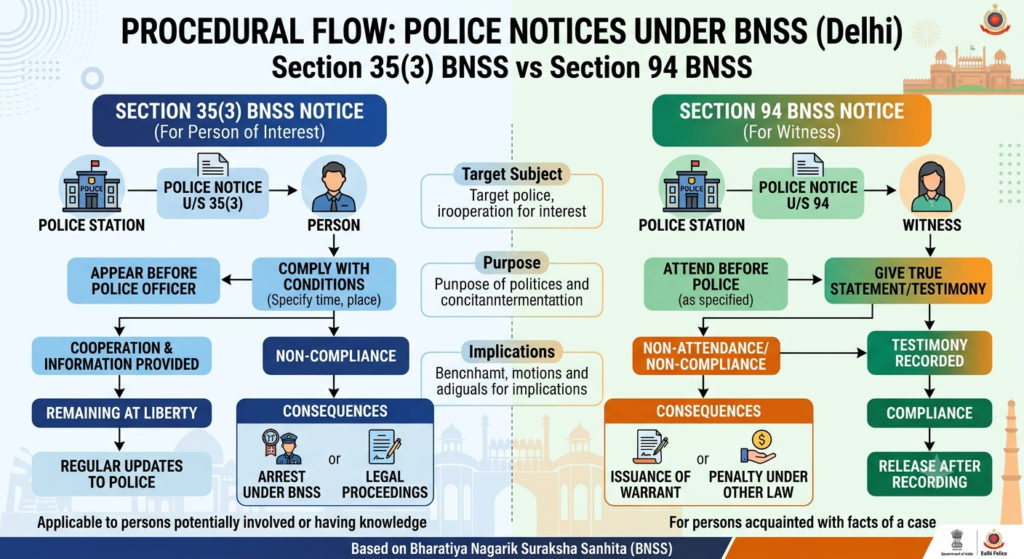 Flowchart showing statutory provisions for police notice reply under BNSS in Delhi"