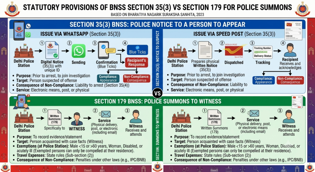 Diagram explaining Section 35 BNSS police notice sent via WhatsApp and Speed Post in Delhi