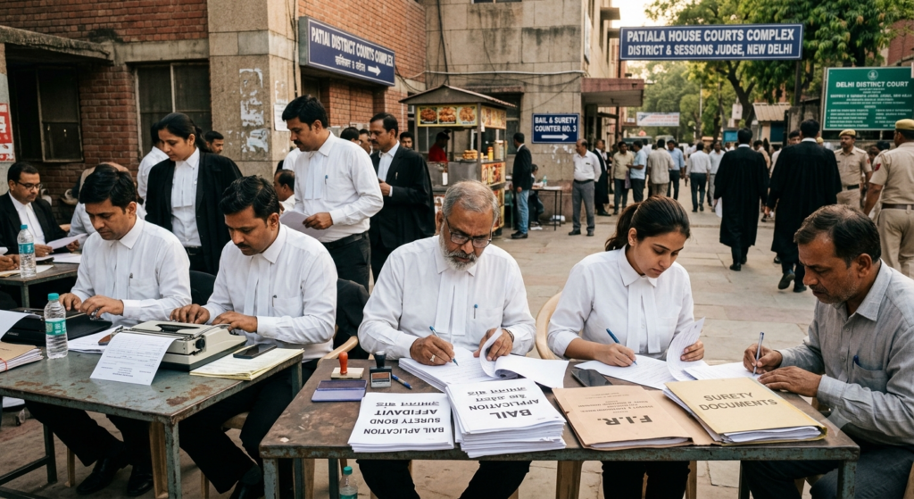 Legal advocate preparing bail bond and surety documents for submission in Delhi District Court