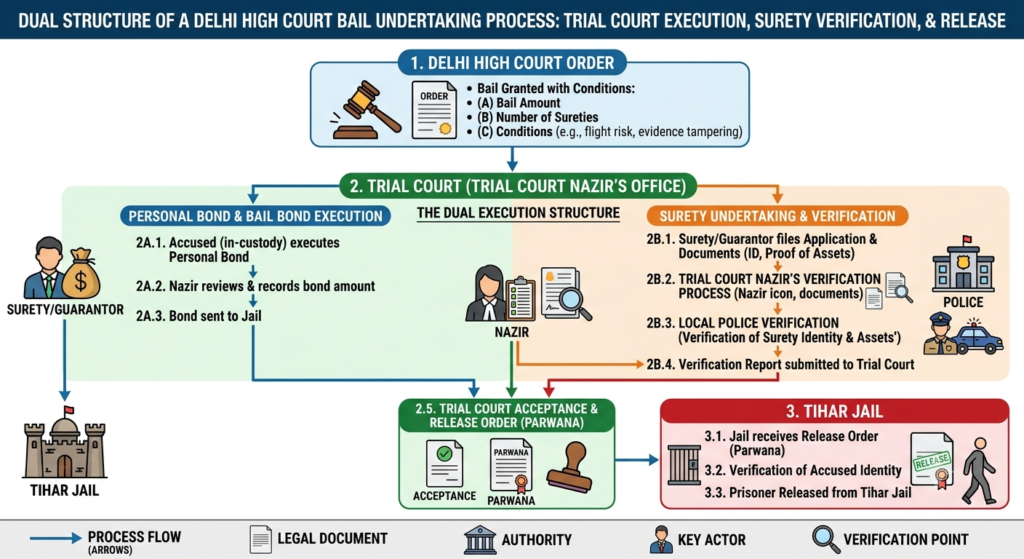 Flowchart showing the trial court execution of a Delhi High Court bail bond and surety verification