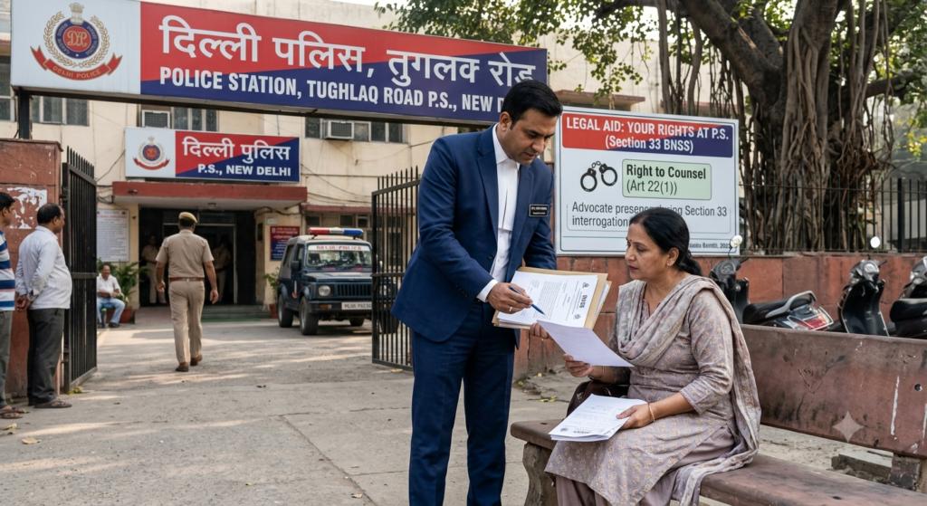Lawyer reviewing documents with client before police station questioning in Delhi