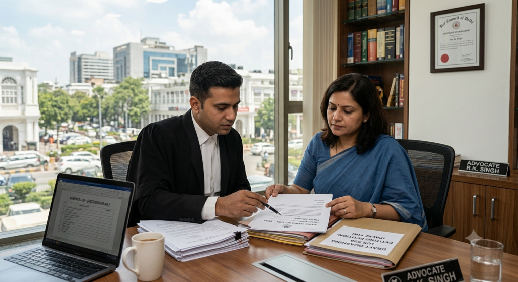 Lawyer reviewing evidence to file quashing false FIR petition in Delhi