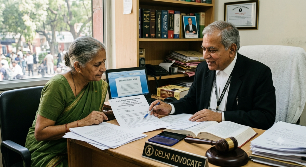 Lawyer drafting reply to police notice to female or senior citizen in Delhi