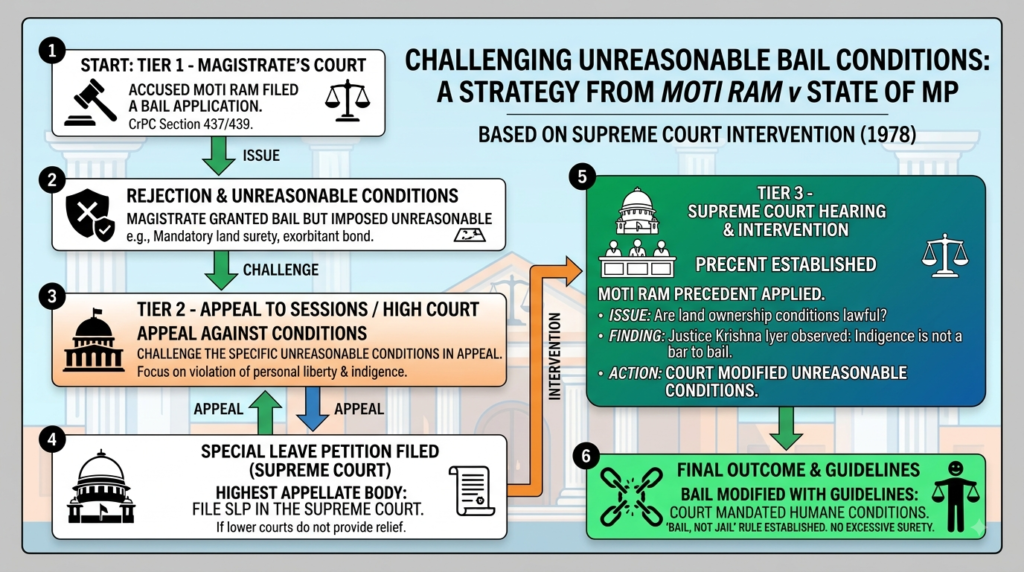 Infographic outlining steps to challenge excessive bail using Moti Ram vs State of MP