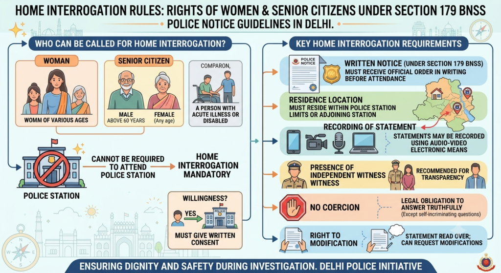 Infographic of police notice to female or senior citizen under Section 179 BNSS