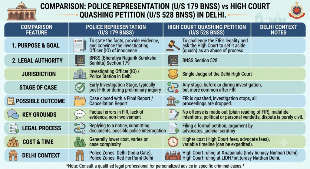 Comparison table of police notice reply vs quashing false FIR in Delhi High Court
