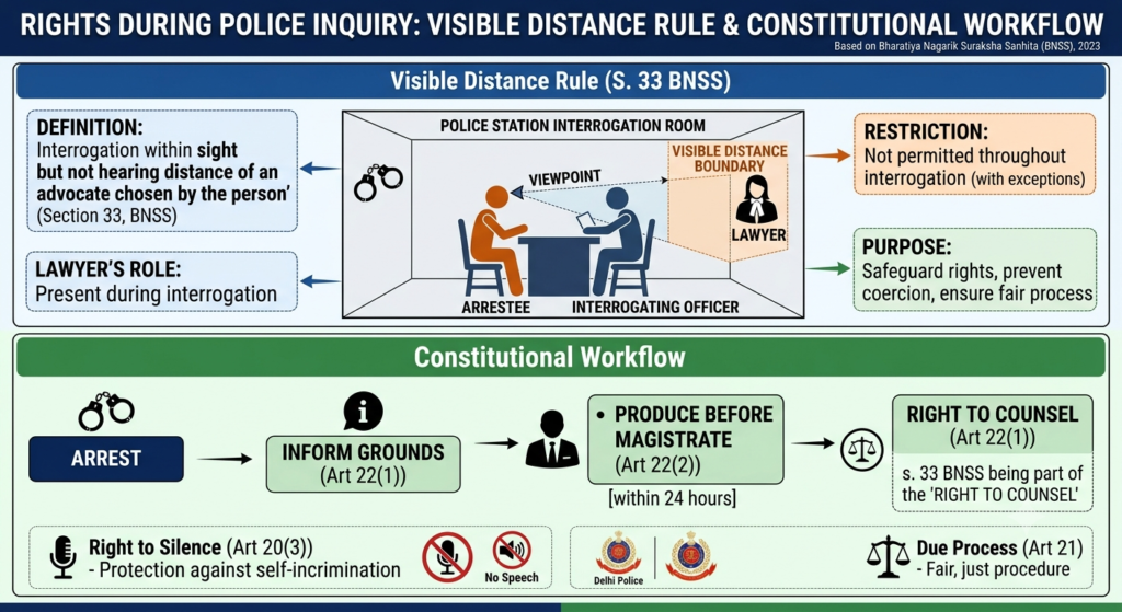 Infographic illustrating rights during police station questioning under Section 33 BNSS