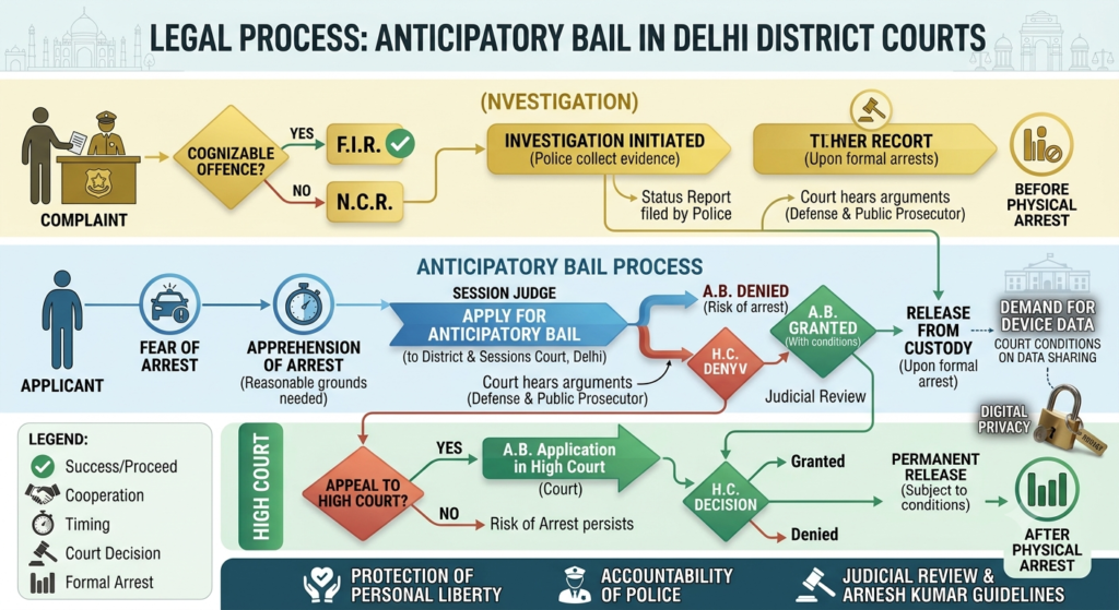 Step by step process flowchart for obtaining anticipatory bail in Delhi
