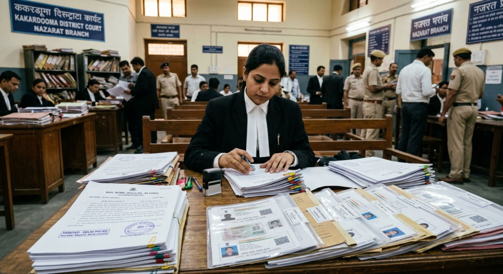 Bail bond documents and identity proofs organized for Delhi court verification
