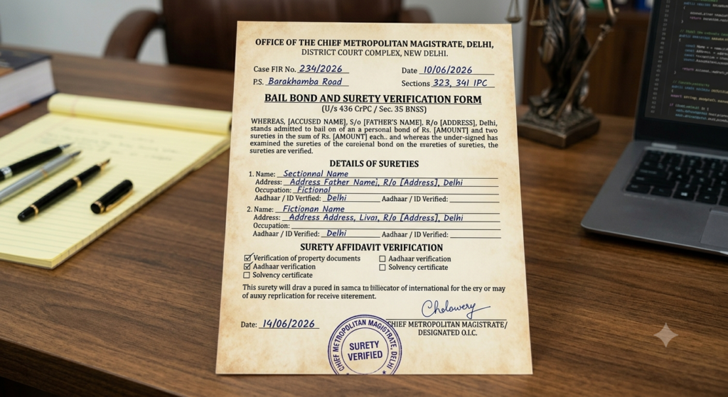 Bail bond and surety verification document for prison release in Delhi
