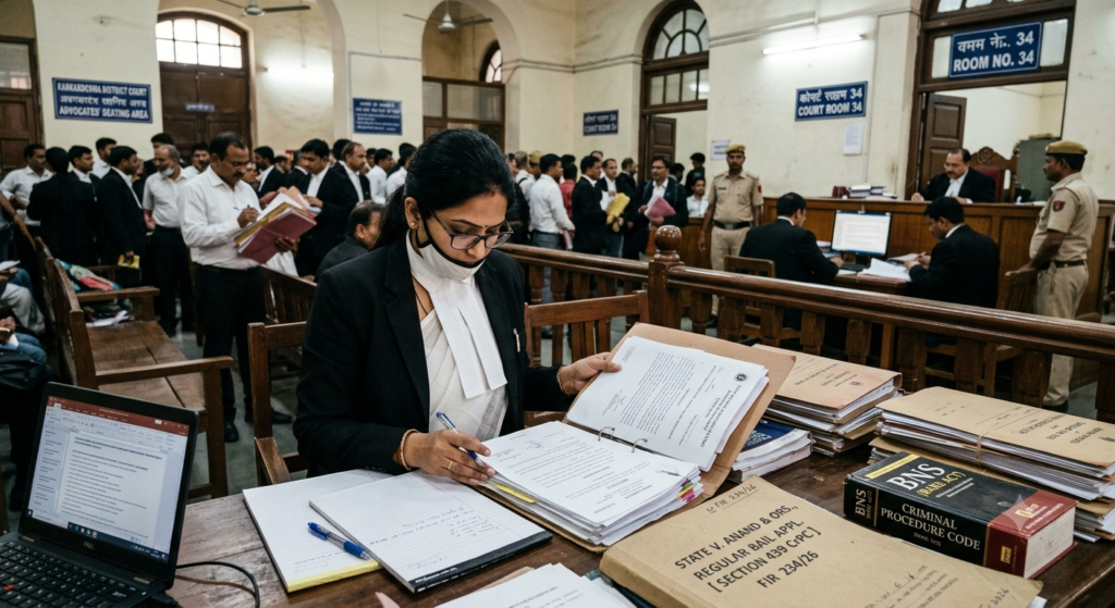 Lawyer reviewing regular bail application for Delhi District Court