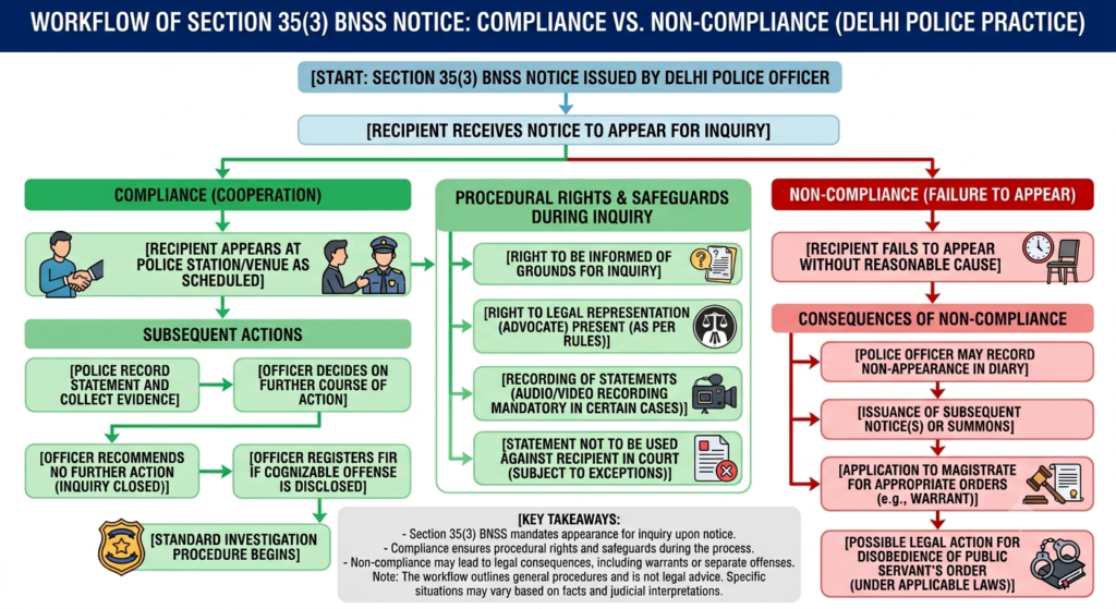 Flowchart explaining procedural rights during delhi police notice for appearance inquiry