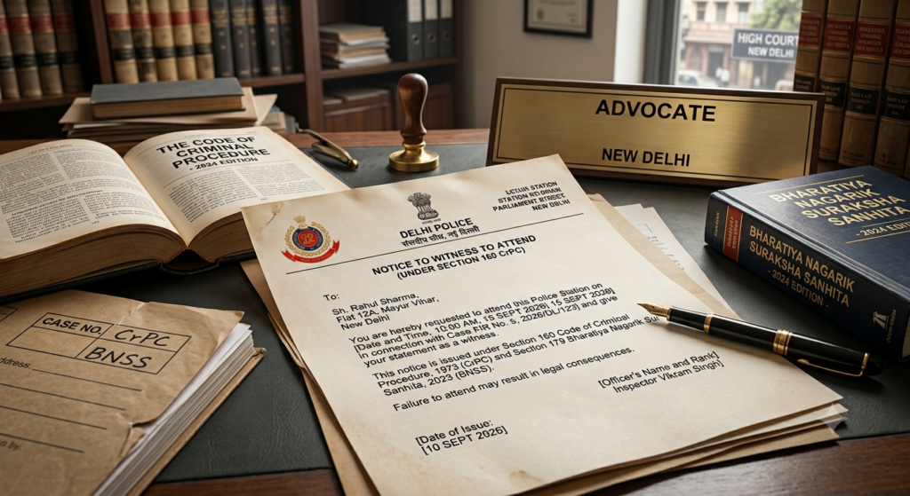 Police notice to witness attendance issued under Section 160 CrPC and Section 179 BNSS