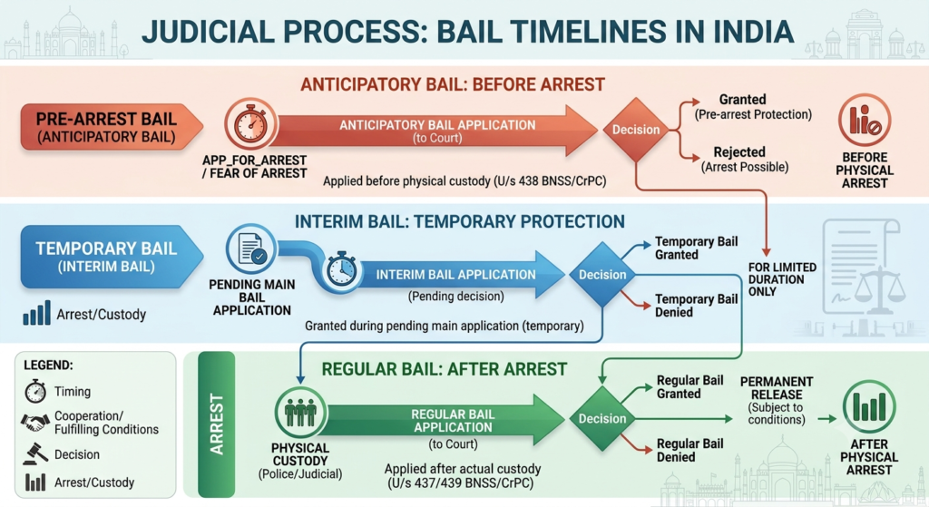 Flowchart comparing regular bail, interim bail, and anticipatory bail under Indian BNSS law