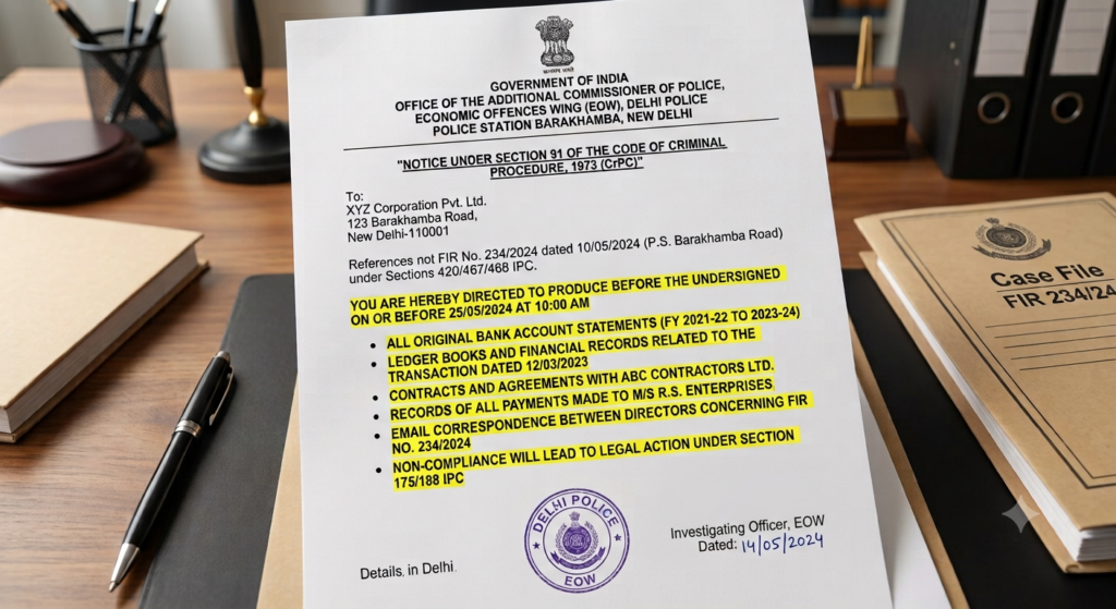 Section 91 CrPC notice document overview for document submission in Delhi