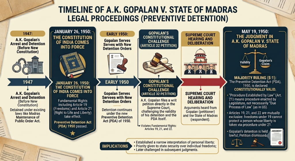 Timeline of A.K. Gopalan v State of Madras legal proceedings