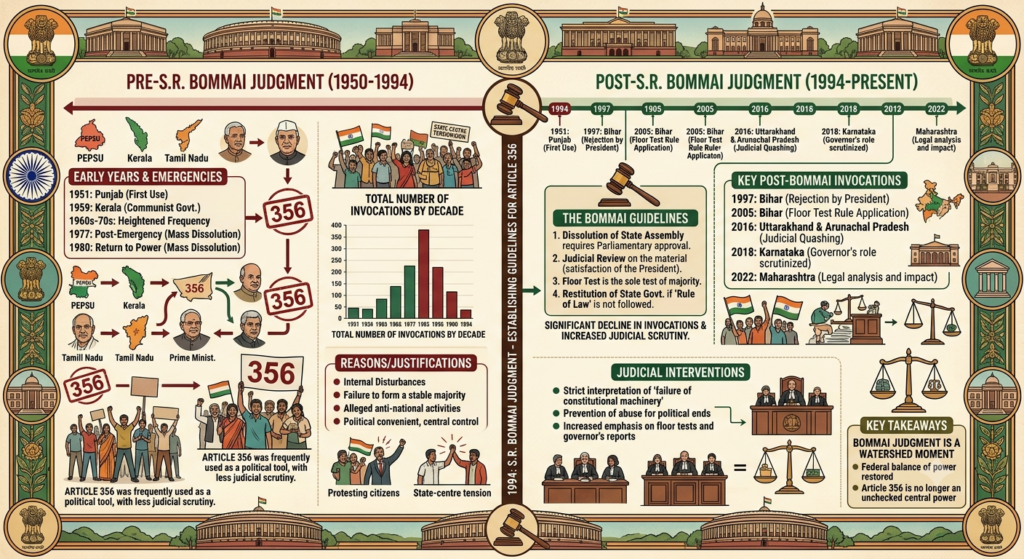 Timeline of Article 356 invocations pre and post S.R. Bommai judgment