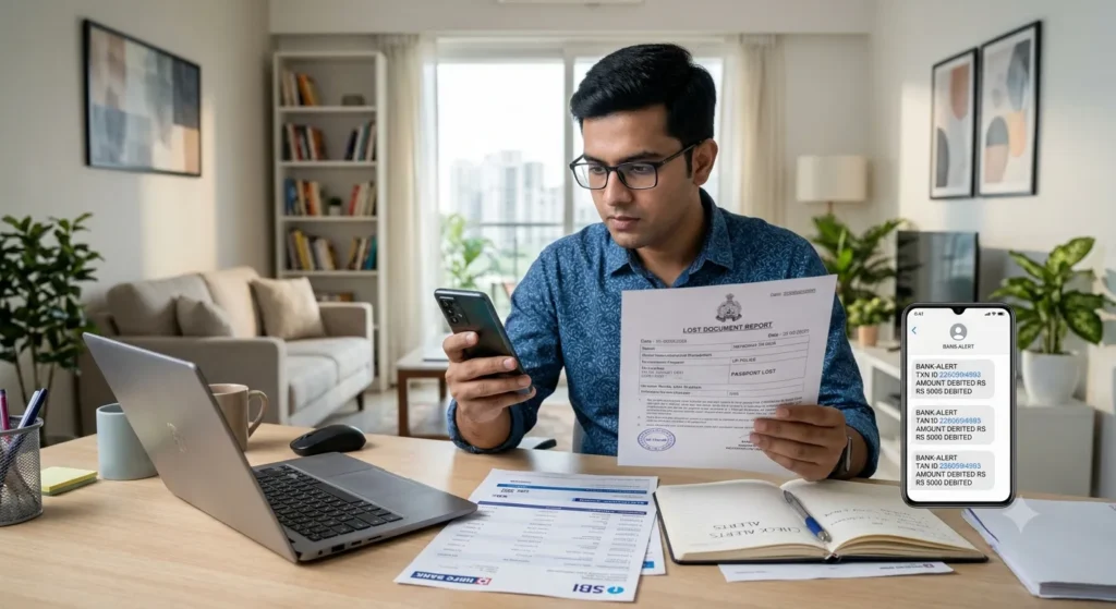 Citizen securing legal protection by reporting lost documents and contacting banks immediately