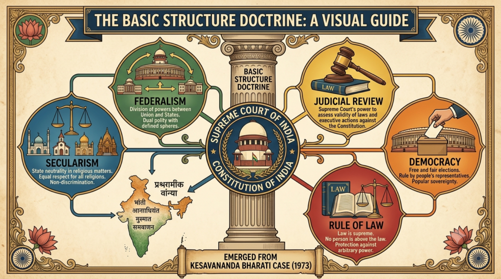 Basic Structure Doctrine components established in Kesavananda Bharati case