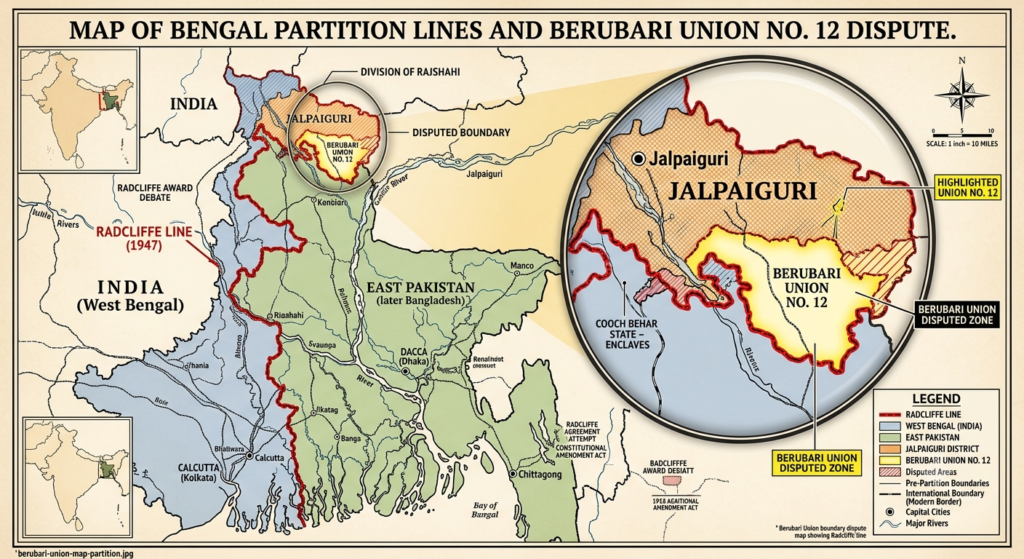 Berubari Union boundary dispute map showing Radcliffe line