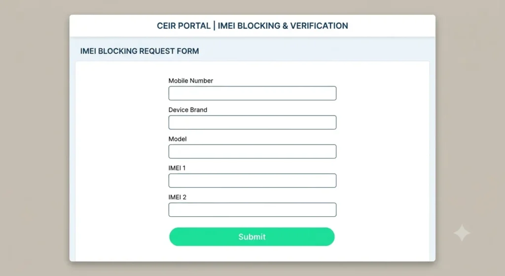Interface screenshot showing blocking stolen mobile IMEI numbers via CEIR portal