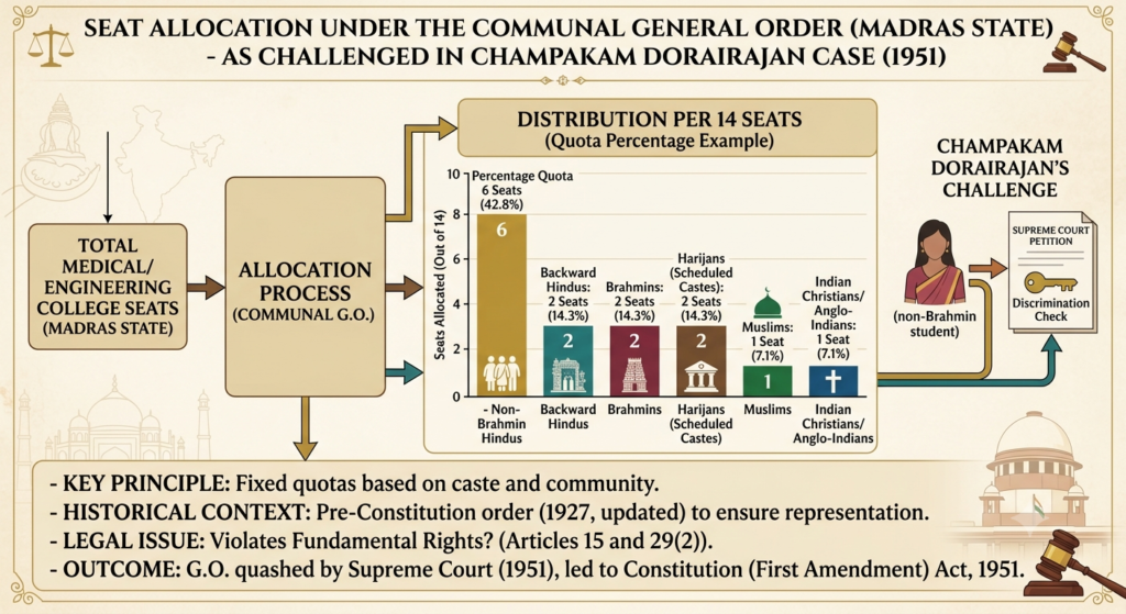Diagram showing seat allocation under the Communal General Order in Champakam Dorairajan case
