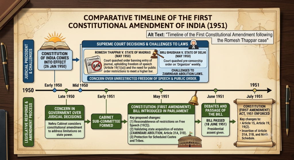 Timeline of the First Constitutional Amendment following the Romesh Thappar case