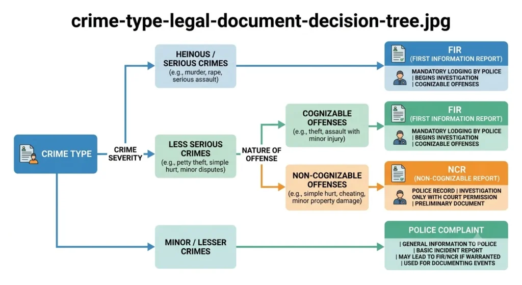 Decision tree displaying difference between FIR, NCR, and police complaint based on crime severity