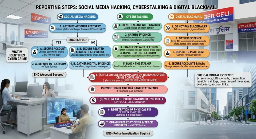 Diagram detailing reporting steps for social media hacking, cyberstalking, and digital blackmail