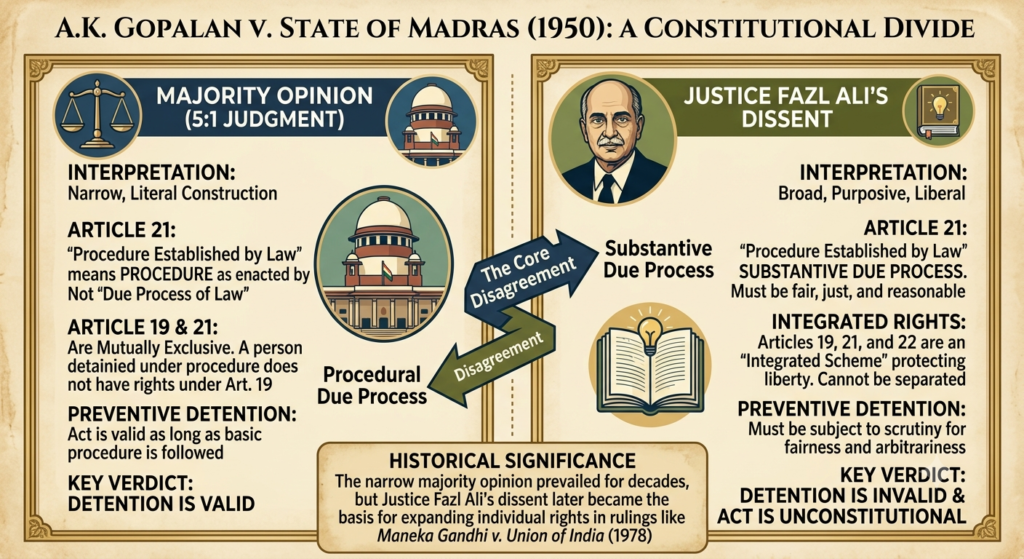 Comparison of majority opinion and Justice Fazl Ali dissent in A K Gopalan v State of Madras