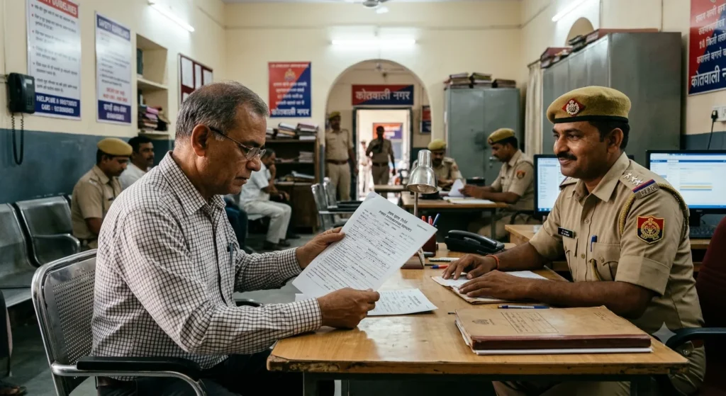 Citizen checking characteristics of a First Information Report form at police station