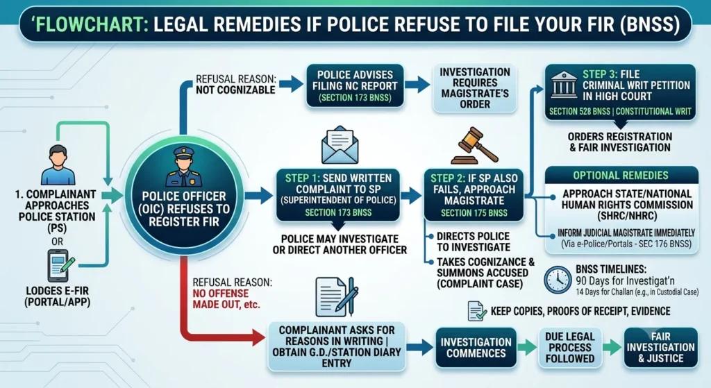 Flowchart outlining what to do if police refuse to file your FIR step by step
