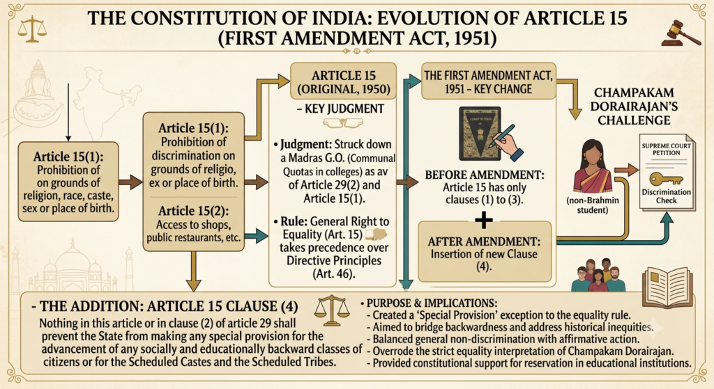 Flowchart showing insertion of Article 15 Clause 4 after Champakam Dorairajan case