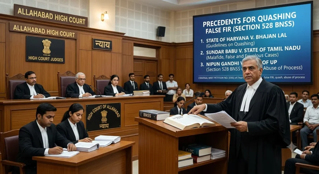 Lawyer presenting legal precedents to quash a false FIR under Section 528 BNSS in High Court