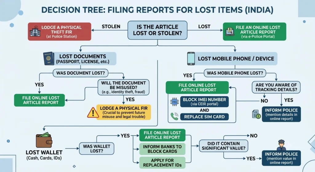 Flowchart showing decision paths for filing an FIR for lost mobile, wallet, passport, or important documents