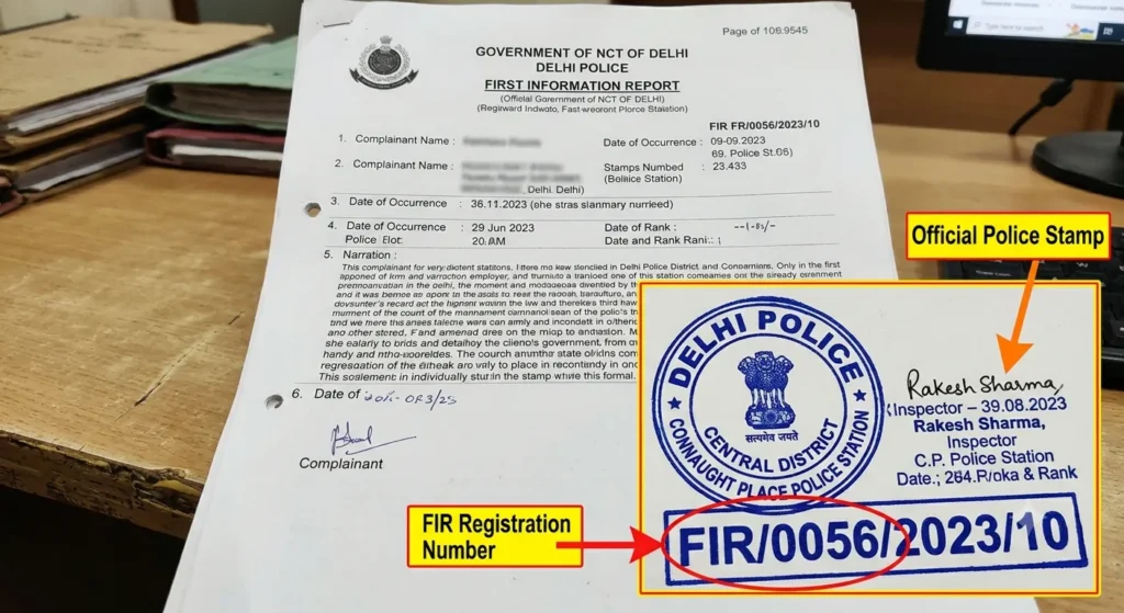 Sample document showing where to find the FIR registration number and official police stamp