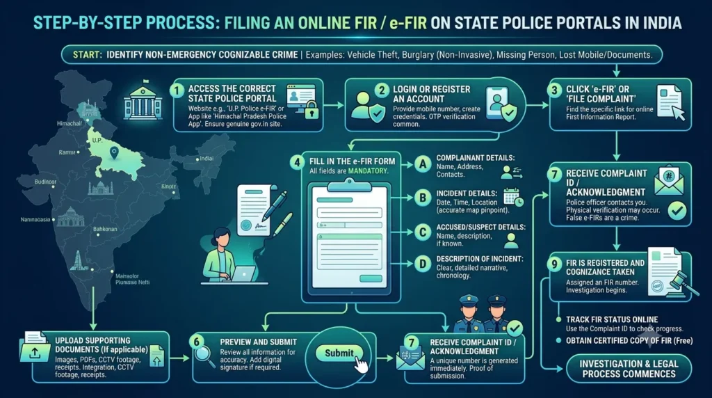 Flowchart displaying how to file an online FIR / e-FIR on state portals