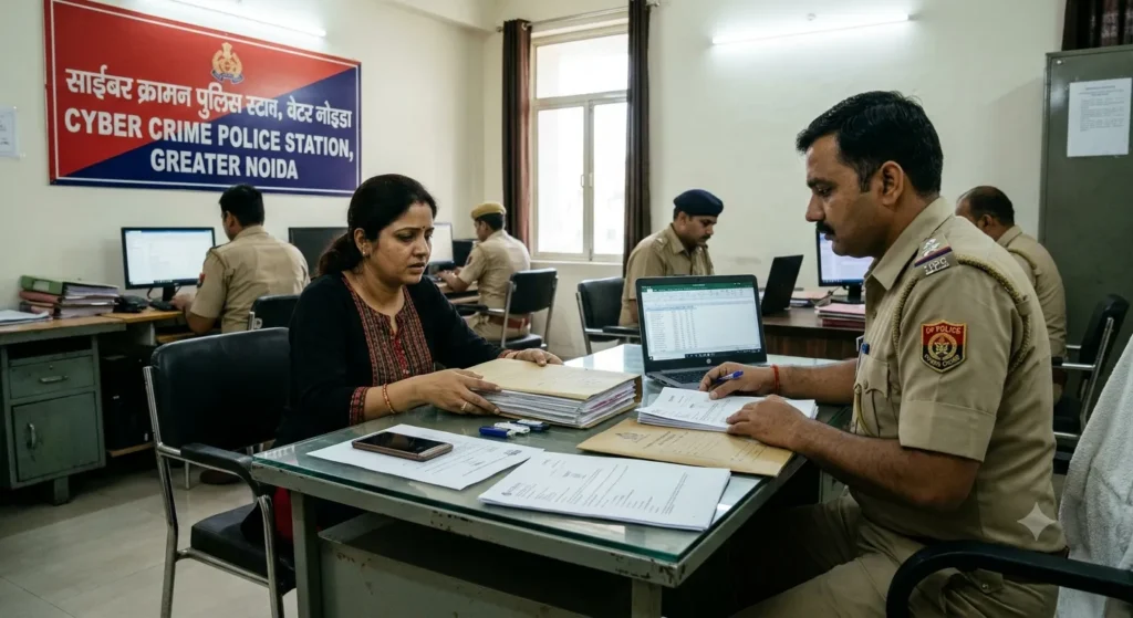 Victim submitting bank statements and digital evidence at a physical cyber crime police station