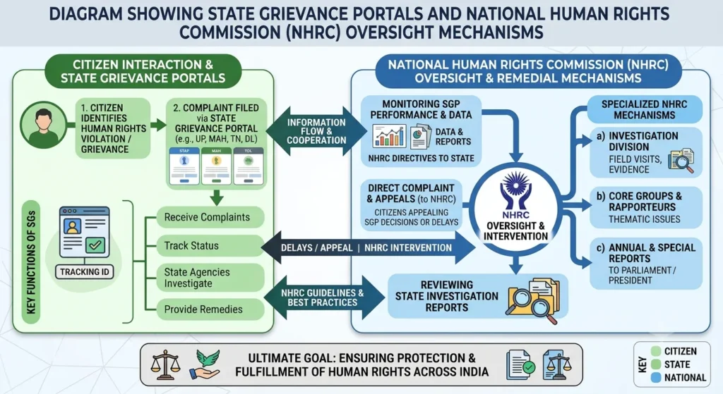 Diagram showing state grievance portals and National Human Rights Commission oversight mechanisms