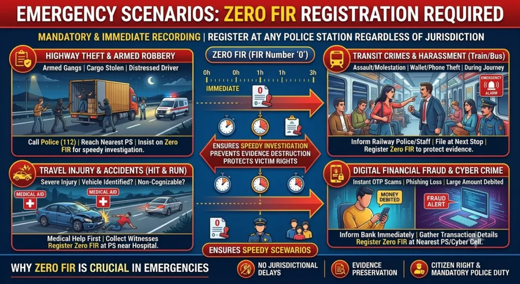 Infographic displaying emergency scenarios requiring immediate Zero FIR registration