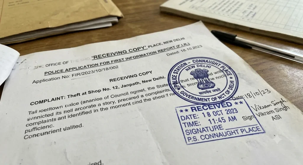 Stamped receiving copy of an FIR application showing official police station seal