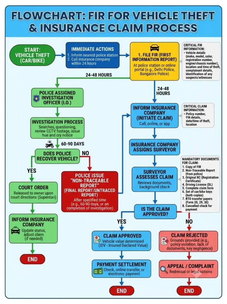 Flowchart outlining FIR for vehicle theft car bike and insurance claims step by step