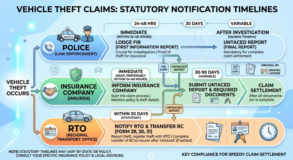 Infographic displaying notification timelines for FIR for vehicle theft car bike and insurance claims