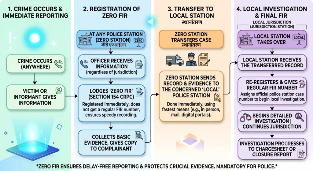 Diagram showing how a Zero FIR is registered at any station and transferred to the local station